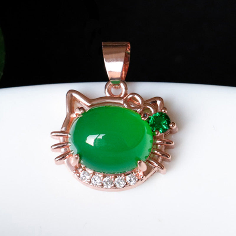 Green Chalcedony Zircon Rose Gold Cat Pendant with Ice Accents