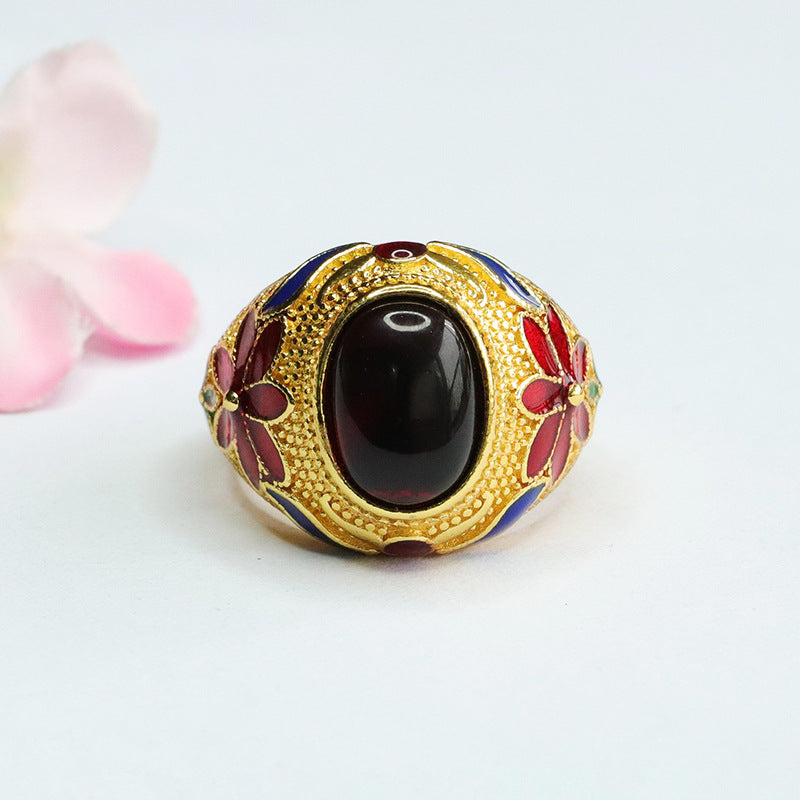 Blood Amber Flower Sterling Silver Ring