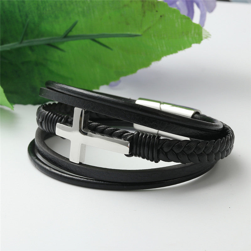 Men's Personalized Titanium Steel Cross Leather Bracelet - Woven Punk Style Accessory