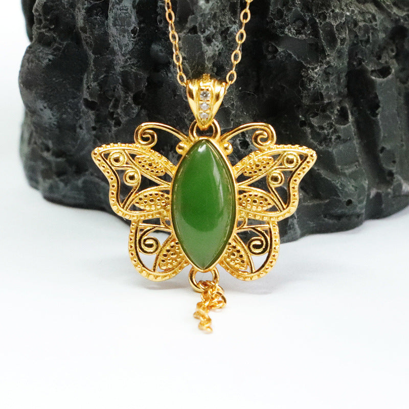 S925 Silver Natural Hetian Jade Pendant Horse Eye Jasper Hollow Butterfly Necklace