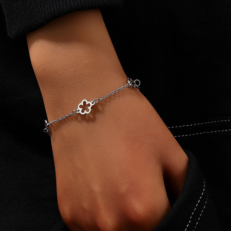 European Charm Delicate Clover Bracelet with Floral Design