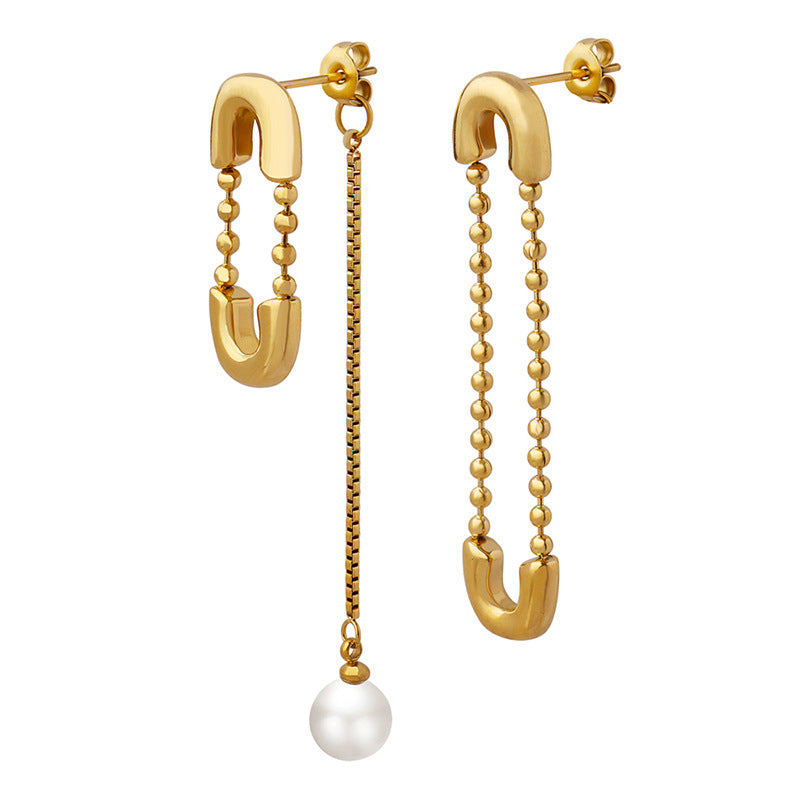 Exaggerated Asymmetrical Pearl Pendant Tassel Earrings in Titanium Gold Plating