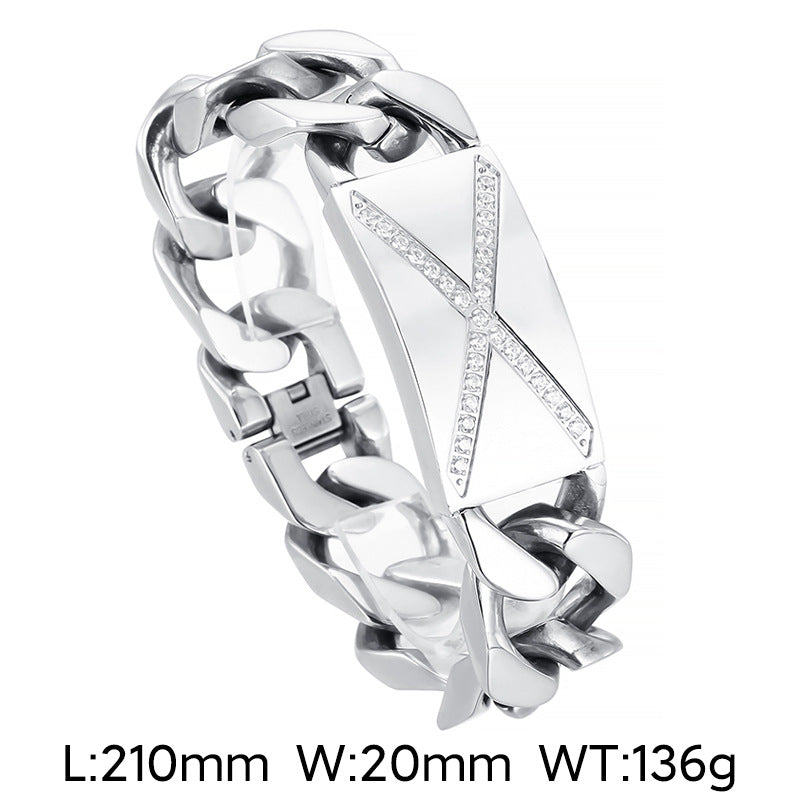 Men's Stylish Geometric Stainless Steel Bracelet with Zircon-Studded Titanium Accents