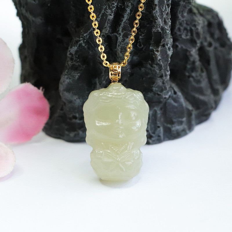 Green Tara Buddha Necklace with Hetian Jade Pendant