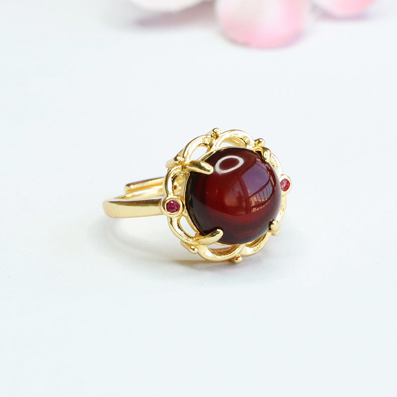 Elegant Hollow Flower Beeswax Amber Women's Ring