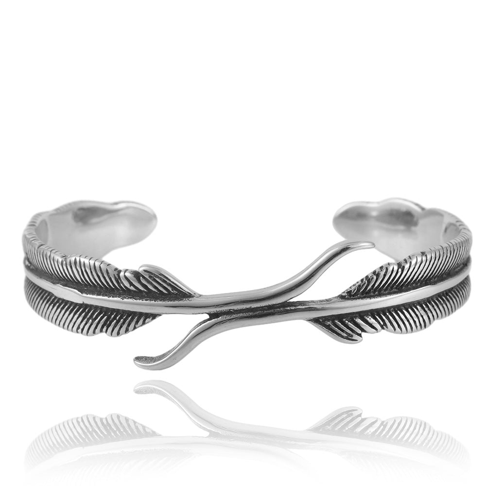 Men's Fashion Titanium Steel Woven Cuff Bracelet with Animal Feather Design