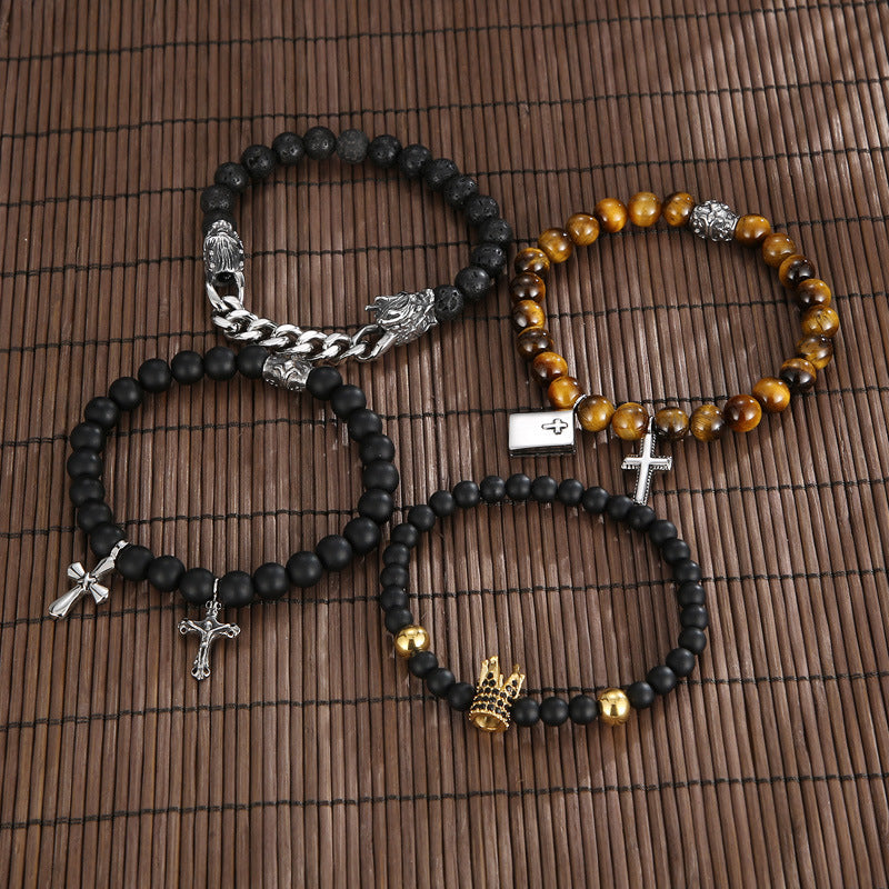 Men's Crown Bracelet with Black Agate and Tiger's Eye – Elegant Masonic Design