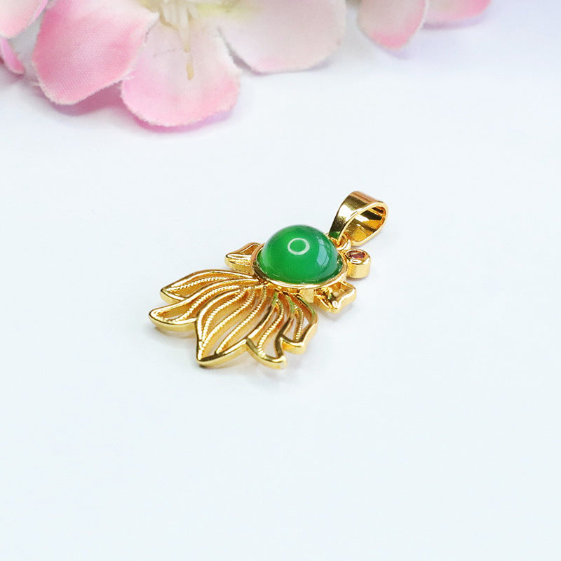 Round Agate Pendant Green Chalcedony Goldfish Pendant