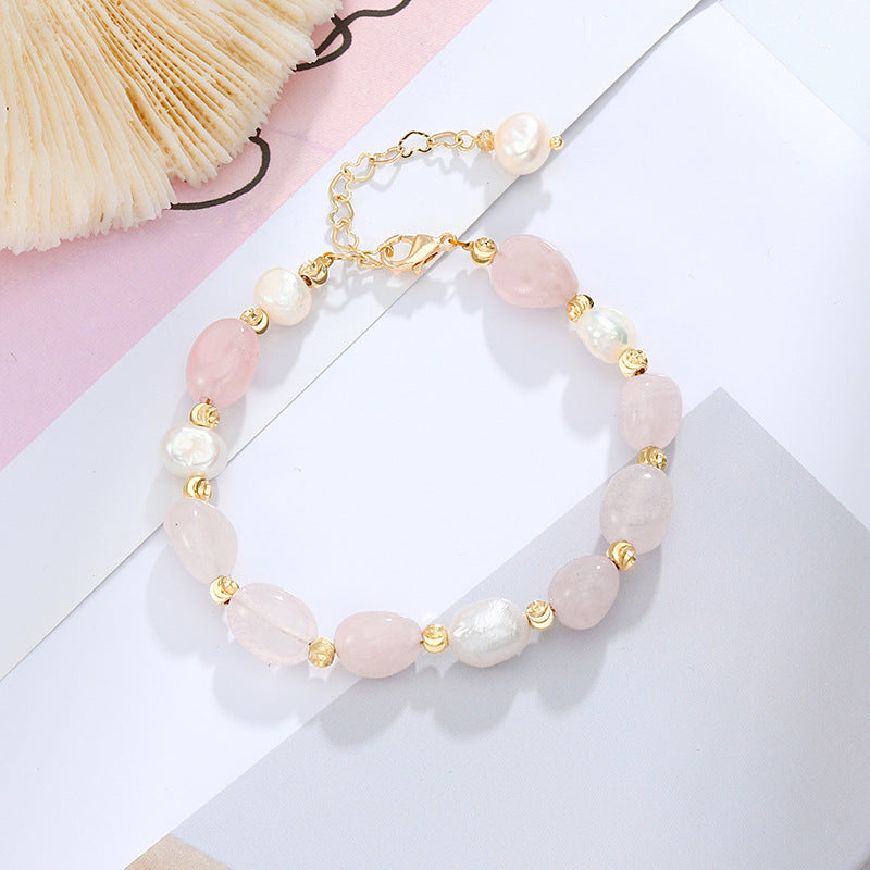 Summer Peach Blossom Crystal and Pearl Bracelet for Women