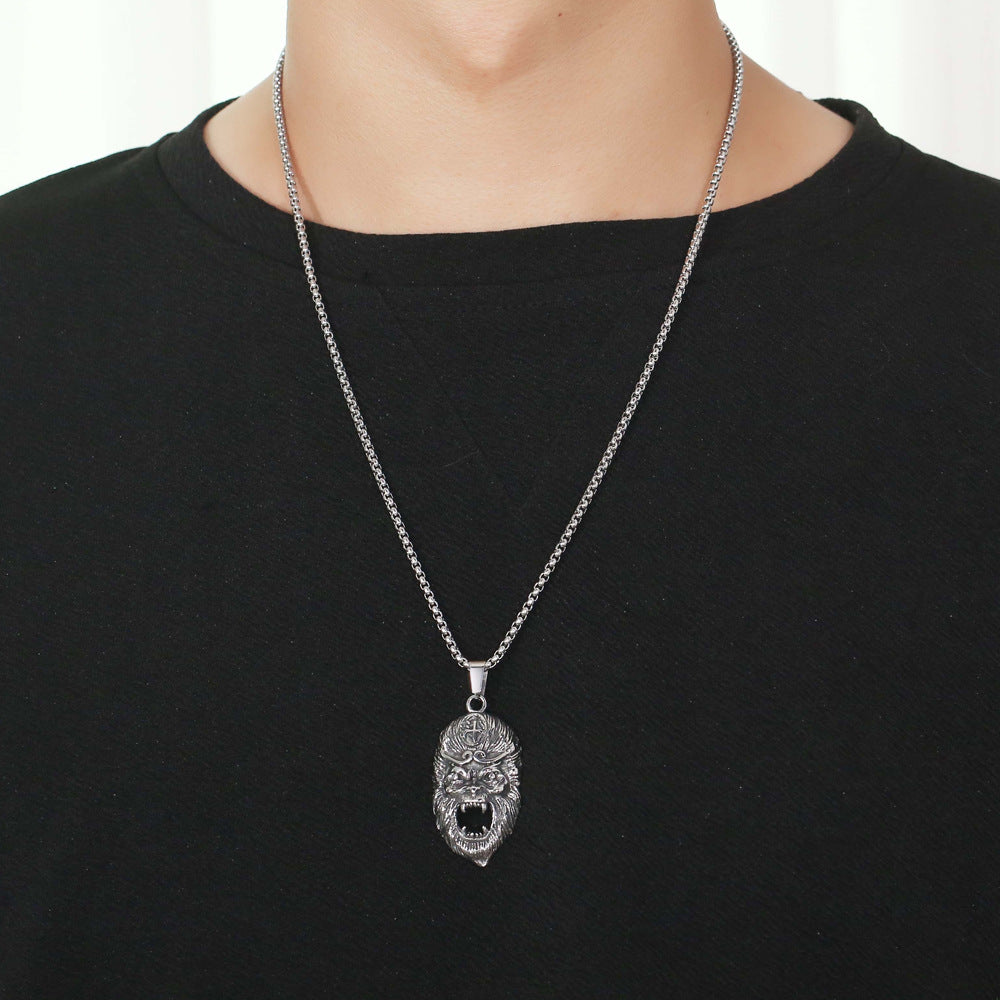 Personalized Titanium Steel Sun Wukong Pendant Necklace for Men - Retro Buddha Mask Design