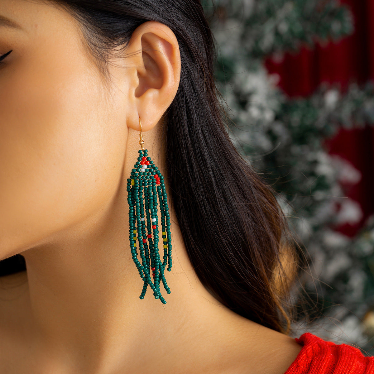 Festive Reindeer Rice Ball Bow Earrings with Colorful Christmas Tree Bell Tassel Detail