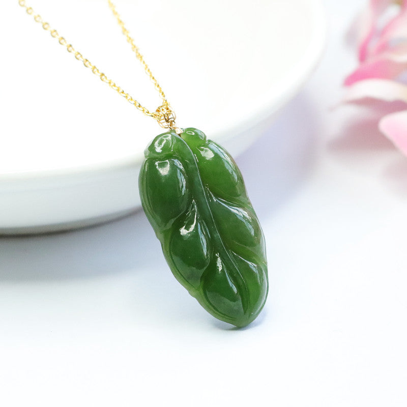 Leaf-shaped Hetian Jade Jasper Fortune Necklace - Sterling Silver