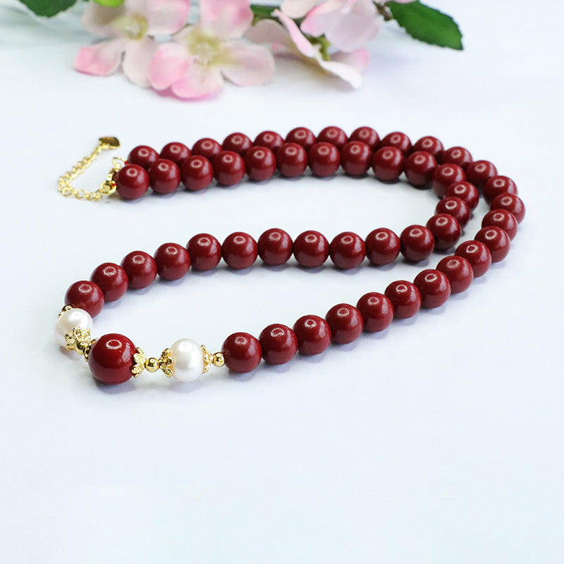 Elegant Purple Gold Sand Necklace with Cinnabar Stone and Lustrous Pearl