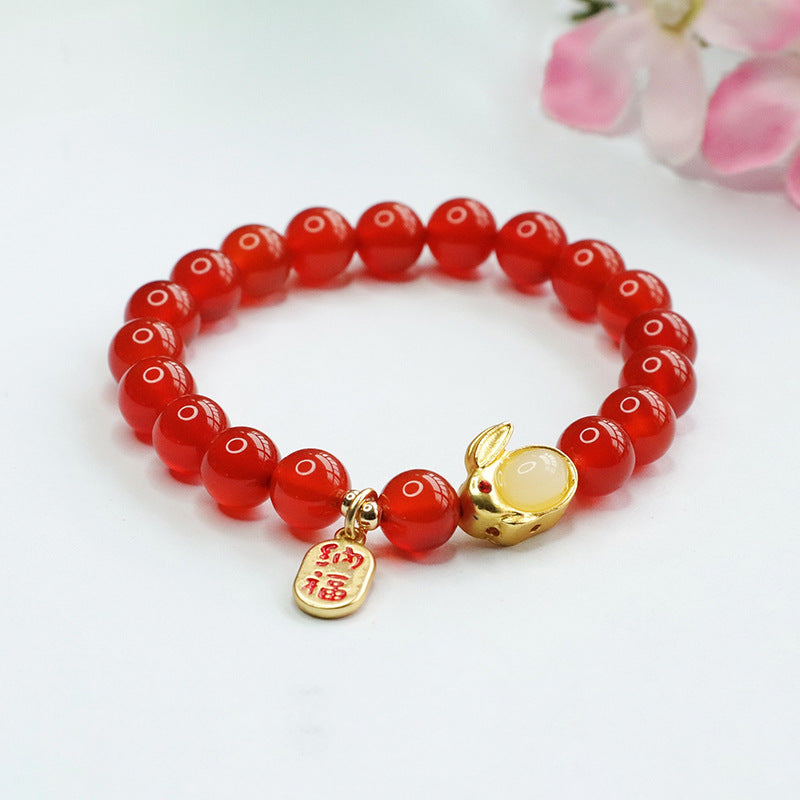 Red Agate and Jade Rabbit Bracelet by Planderful Collection