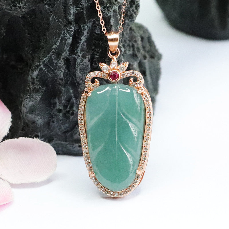 Ice Blue Green Leaf Sterling Silver Zircon Necklace with Jadeite Gemstone