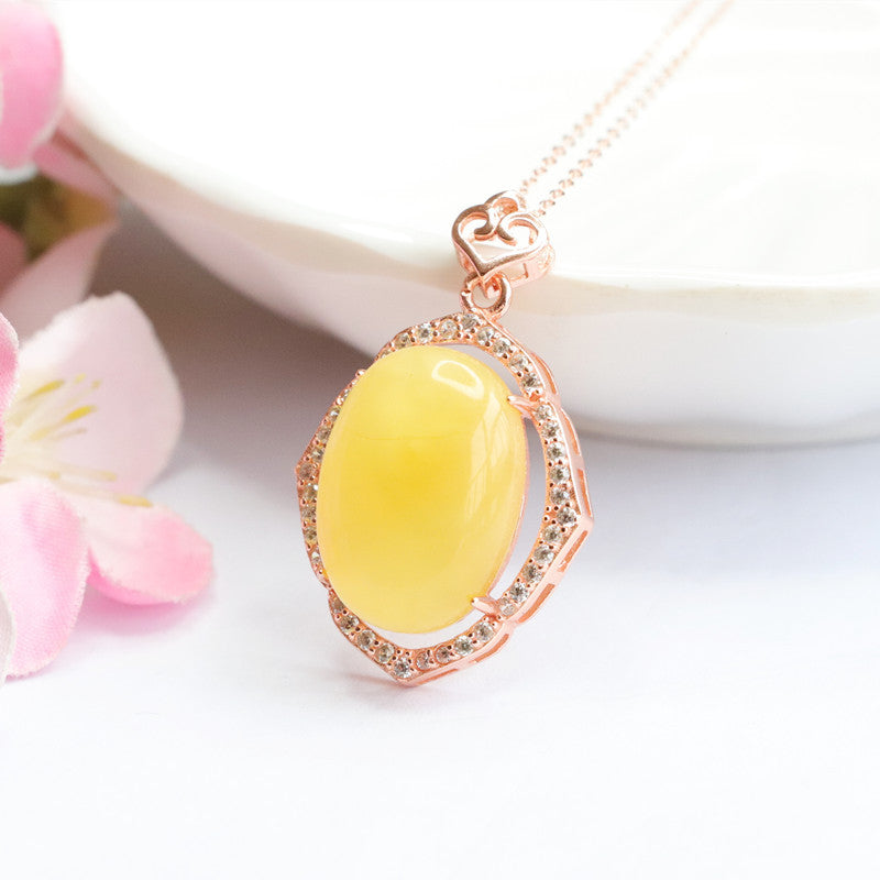 Yellow Amber Beeswax Sterling Silver Necklace with Zircon Rose Gold Accent