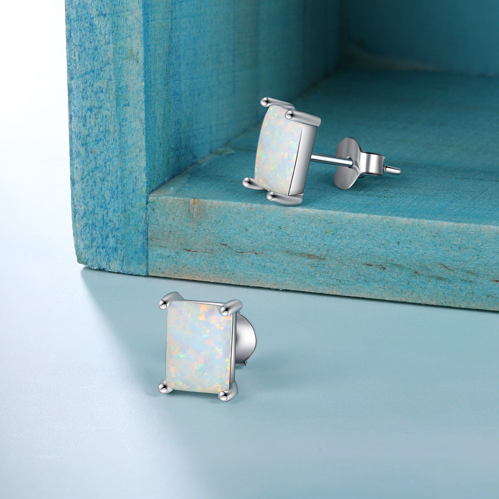 Four Prongs Rectangle Opal Sterling Silver Stud Earrings