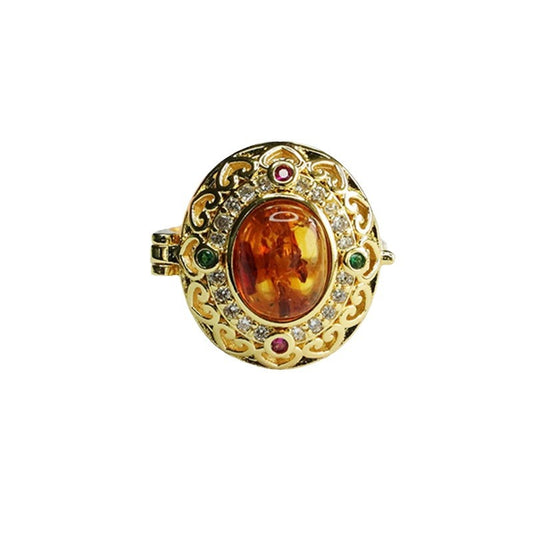 Amber Flower Bud Sterling Silver Adjustable Ring