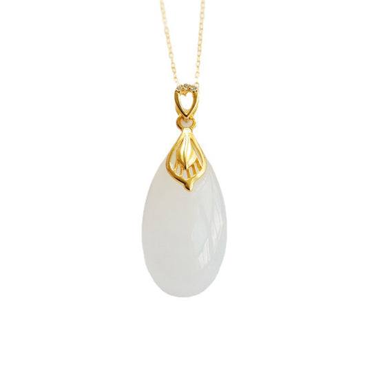 White Hetian Jade Droplet Necklace with Sterling Silver