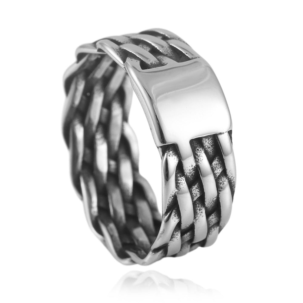 Trendy Men's Retro Woven Titanium Steel Ring - European and American Style