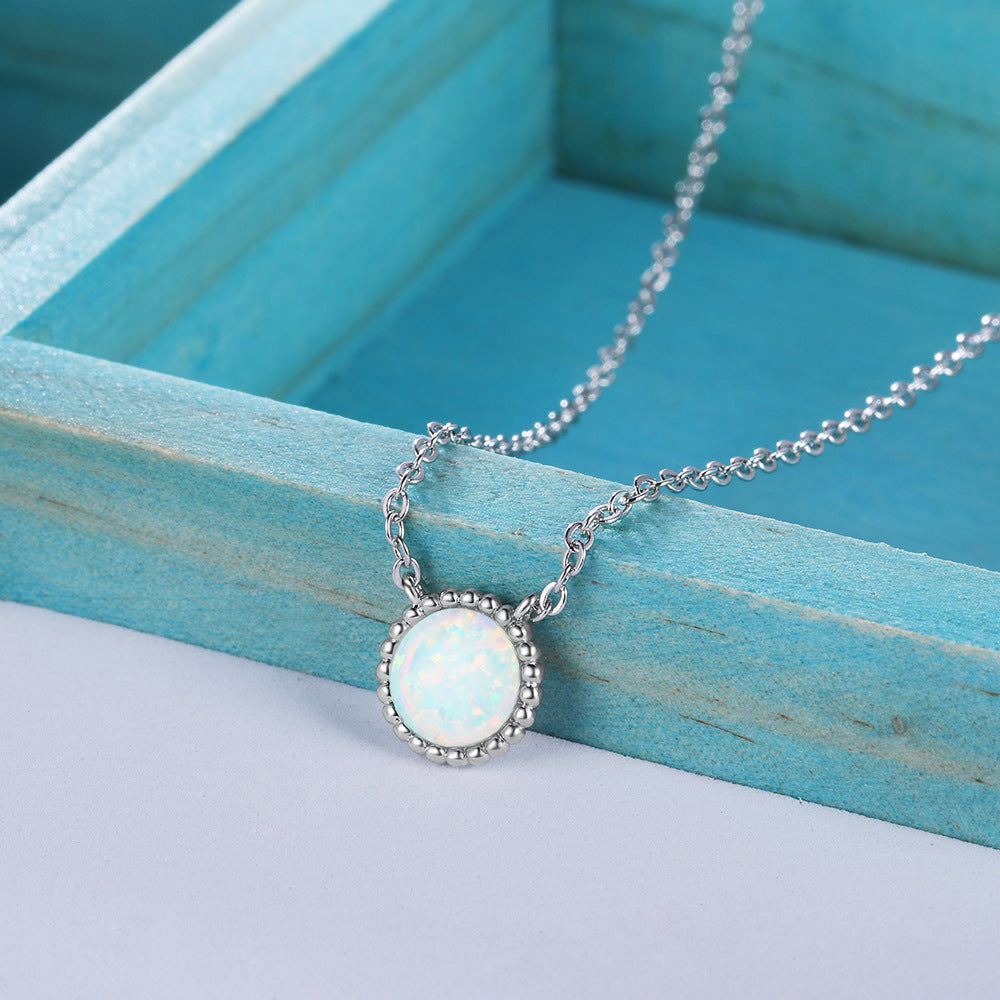 Round Opal Circular Beading Edge Sterling Silver Necklace