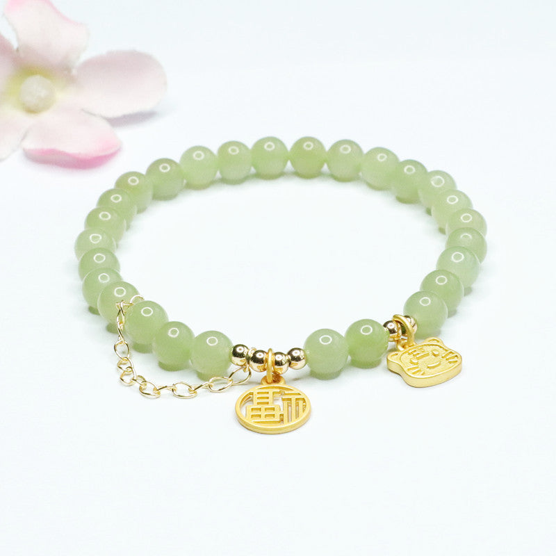 Jade Tiger Tassel Bracelet with Sterling Silver Charm