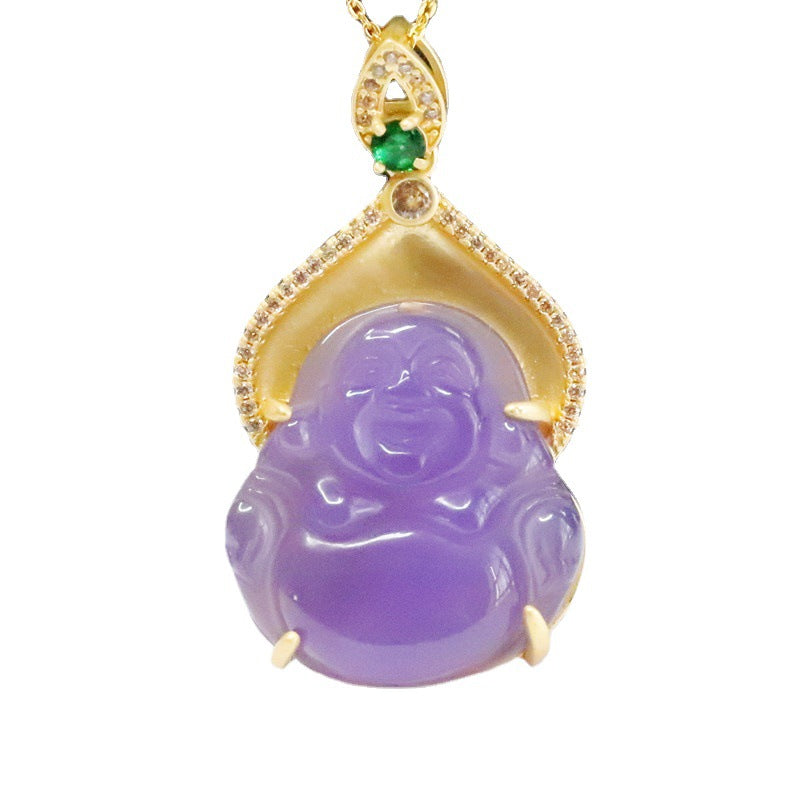 Golden Necklace with Purple Chalcedony Buddha Pendant