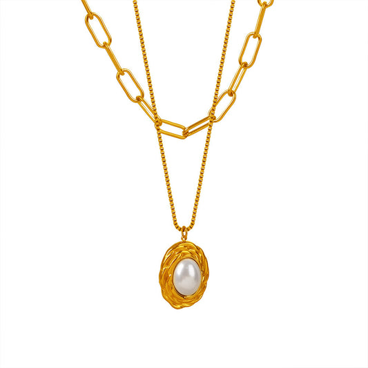 Vintage-inspired Double-Layer Pearl Pendant Necklace in Gold-Plated Titanium Steel