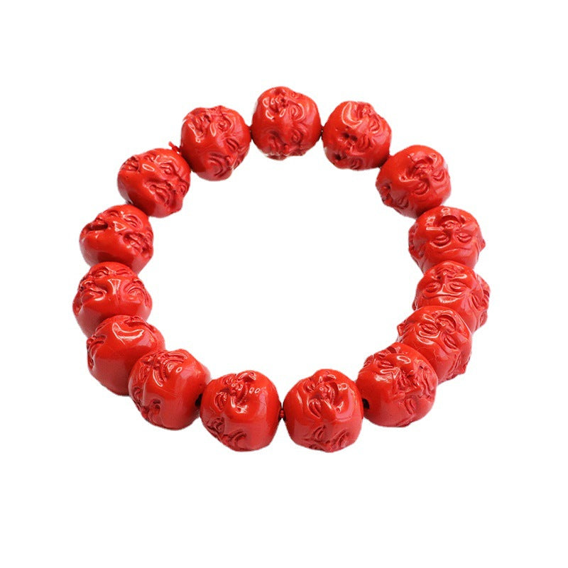 Vermilion Buddha Head Bracelet with Four-Sided Buddha Red Sand and Cinnabar Stone