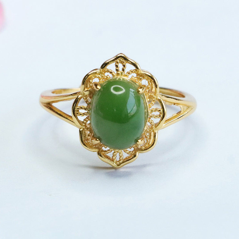 Fortune's Favor S925 Silver Hotan Jade Jasper Hollow Flower Split Shank Ring