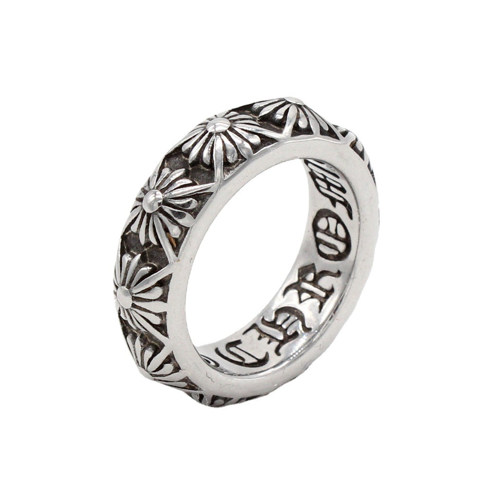 Row of Relief Cross Flower Titanium Steel Ring for Men