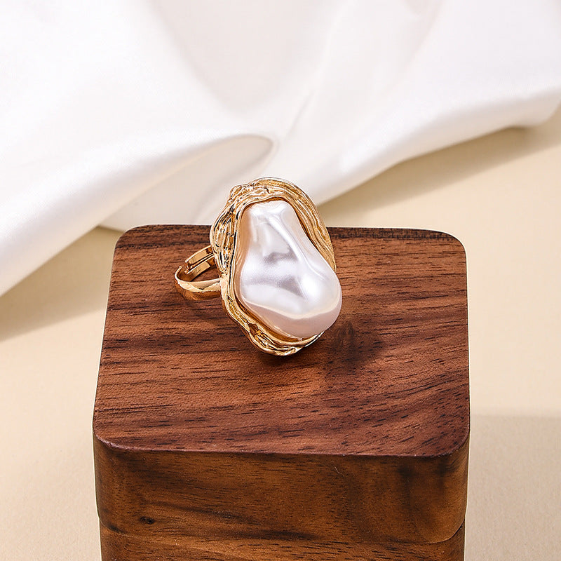 French Retro Elegance Metal Acrylic Pearl Open Ring