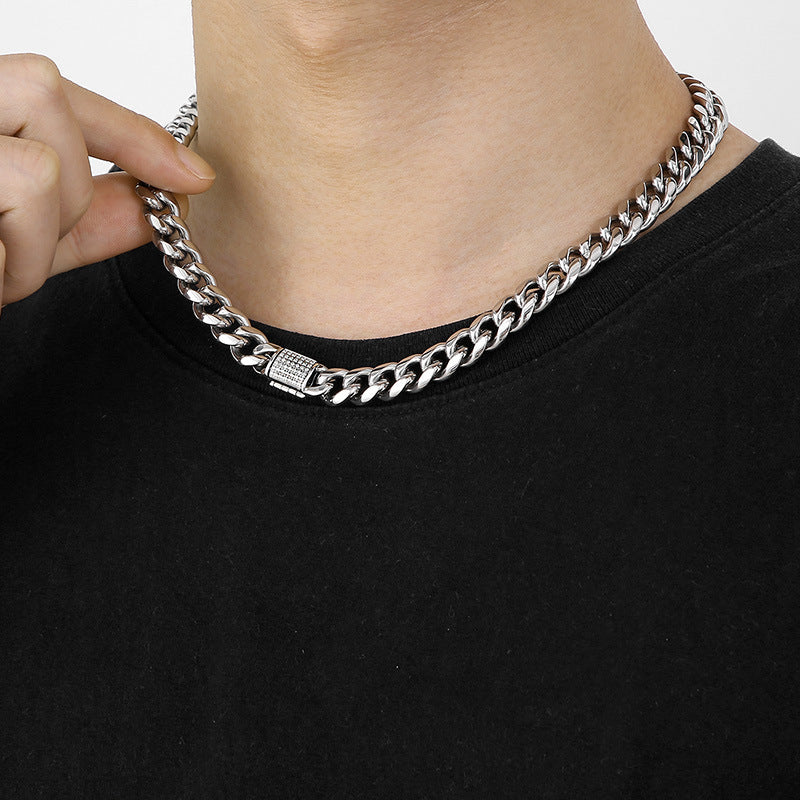 Stylish CNC Zircon-Studded Flip Buckle Titanium Steel Cuban Chain Necklace for Men