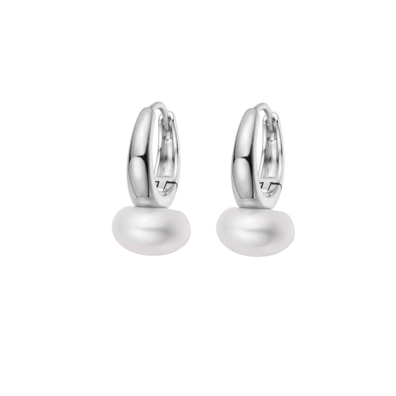 Oval Pearl Silver Hoop Earrings