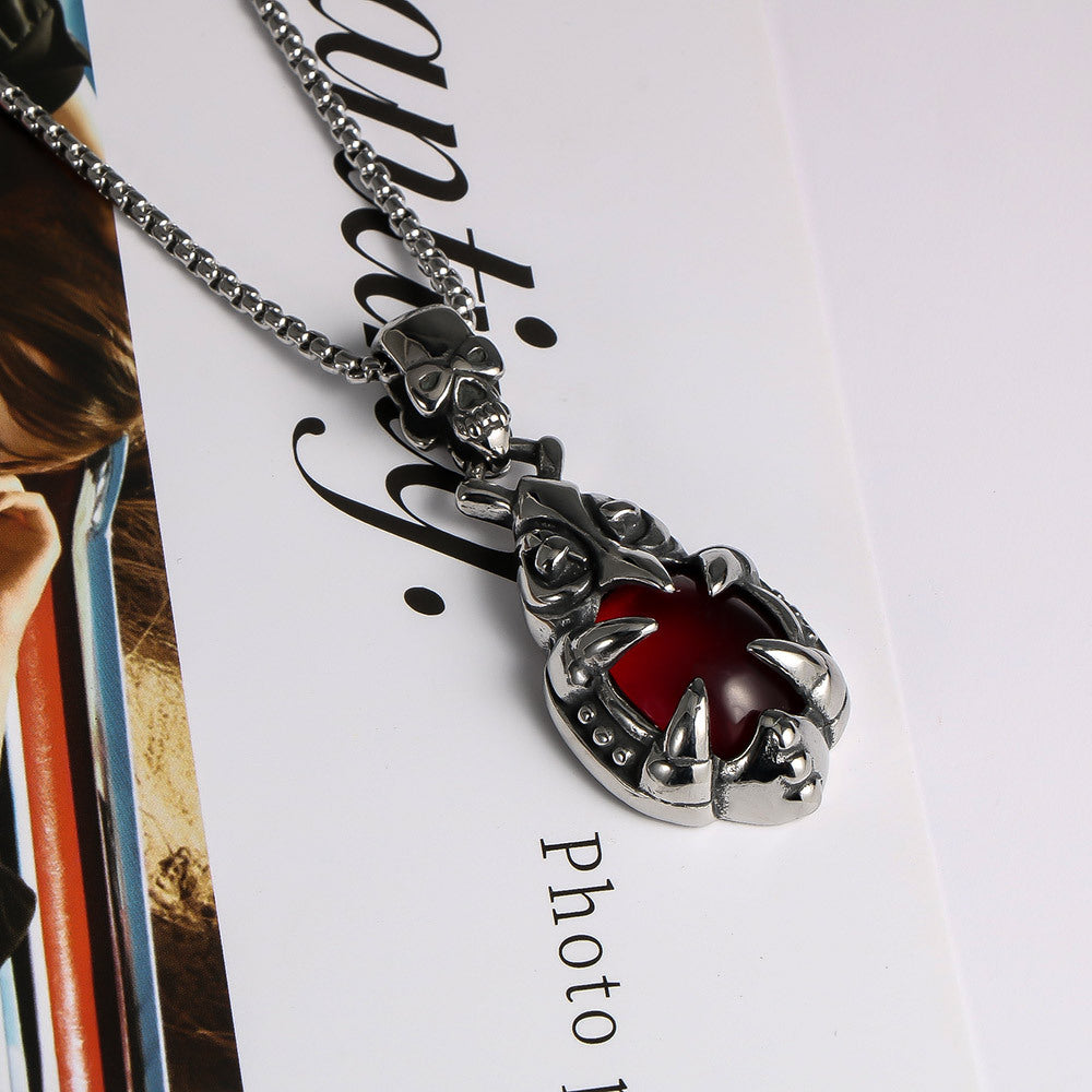 Edgy Retro Skull Buckle Necklace with Bold Red Pomegranate Pendant - Men's Fashion Statement Accessory