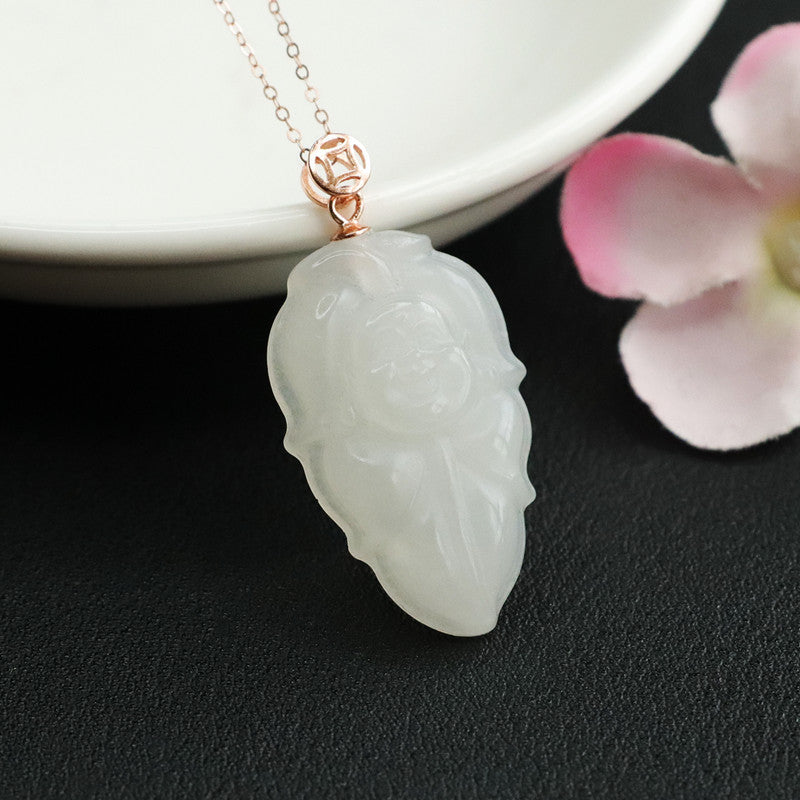 White Jade Leaf Buddha Necklace crafted from Sterling Silver and Natural Hetian Jade