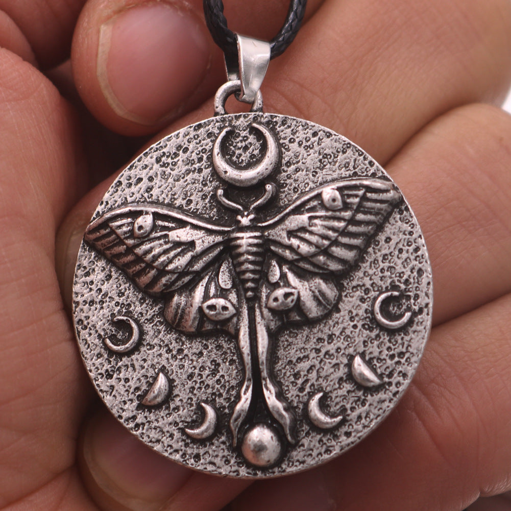 Butterfly Skull Pendant Necklace with Moth Moon Totem - Men's Retro Zinc Alloy Jewelry