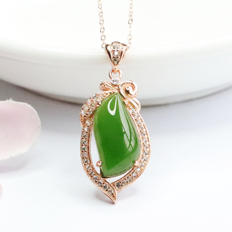 Droplet Spinach Green and Zircon Sterling Silver Necklace with Natural Hetian Jade