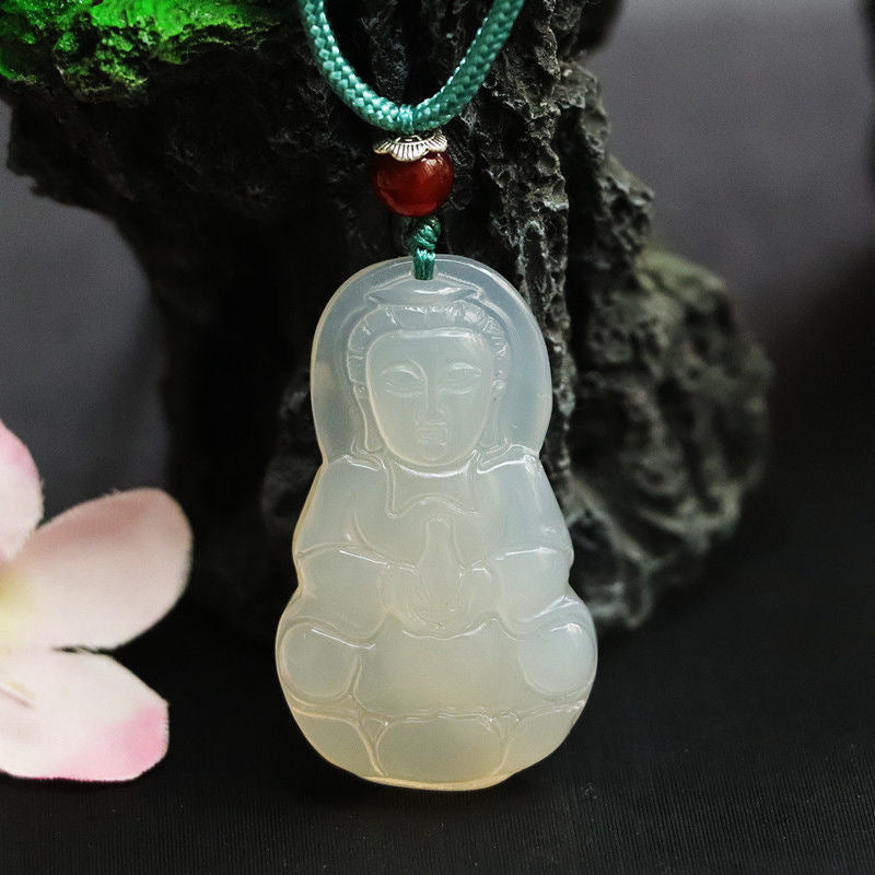 White Chalcedony Guanyin Sterling Silver Pendant