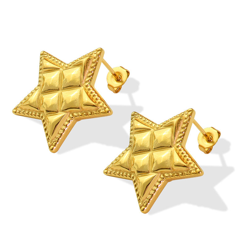 Golden Titanium Steel Pentagonal Star Earrings with French Retro Charm