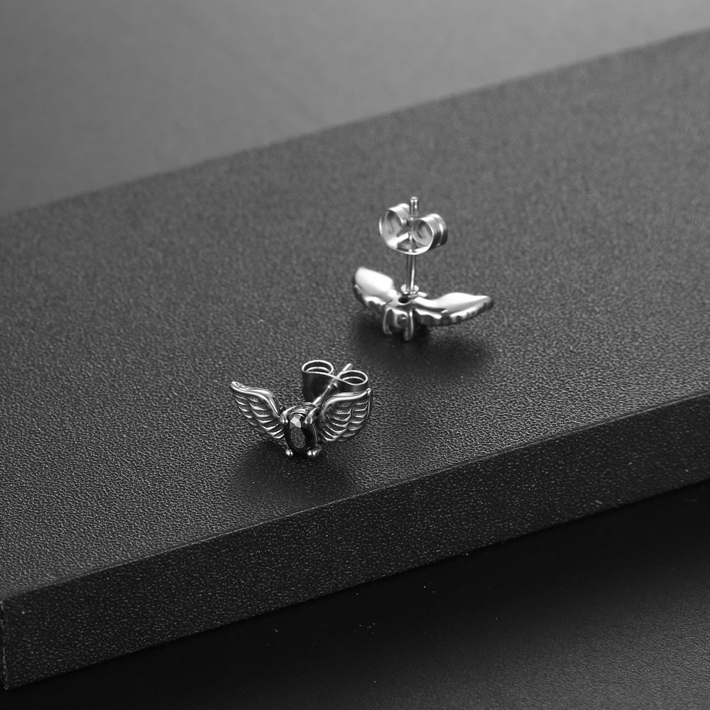 Personalized Titanium Steel Zircon Stud Earrings with Retro Wing Design for Men and Women