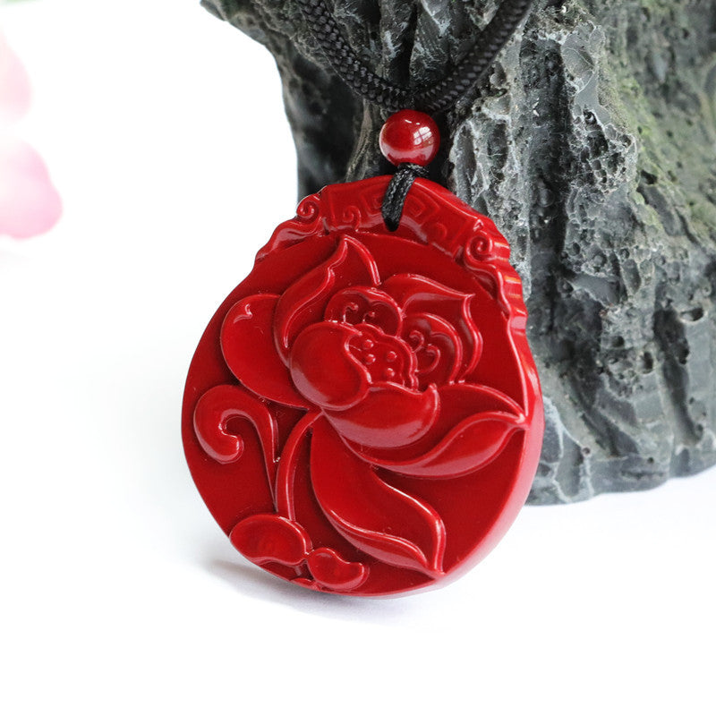 Cinnabar Pendant with Purple Sand Lotus Carving, Sterling Silver Jewelry