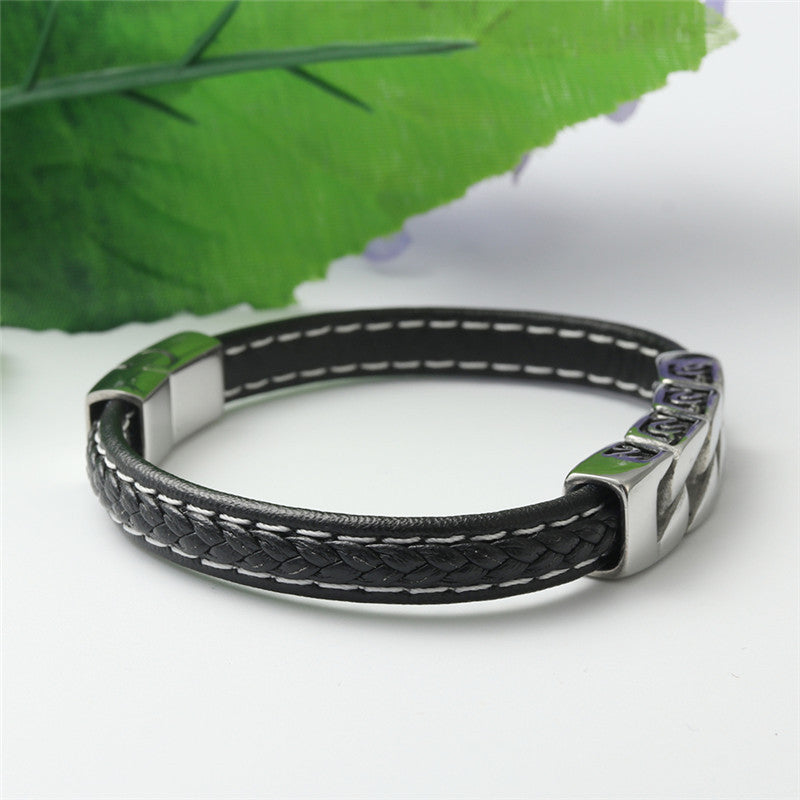 Men's Punk Hollow Chain Titanium Steel and Leather Rope Woven Anchor Bracelet