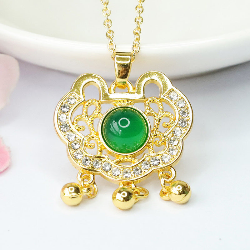 Green Ruyi Agate and Zircon Pendant