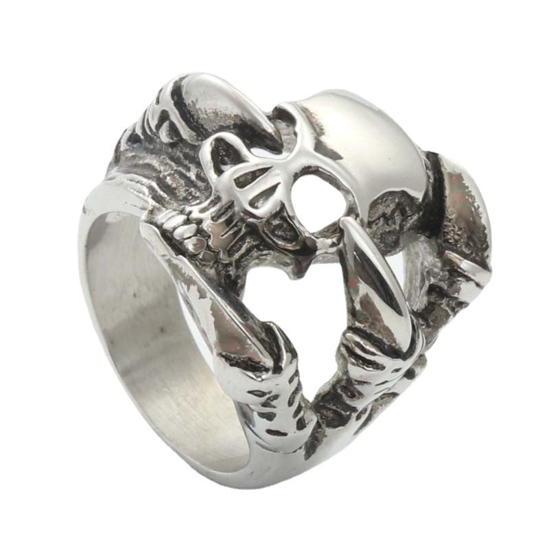 Punk-Inspired Titanium Steel Skull and Claw Ring for Men - Retro American and European Style