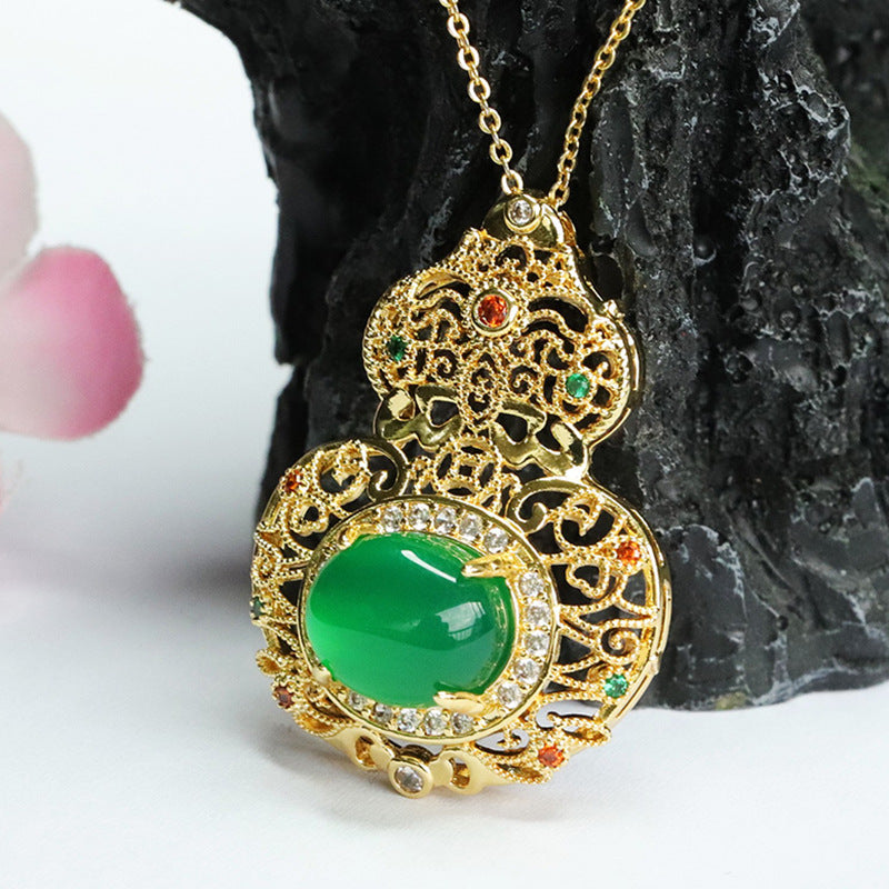 Ice Green Chalcedony Hollow Gourd Zircon Retro Pendant