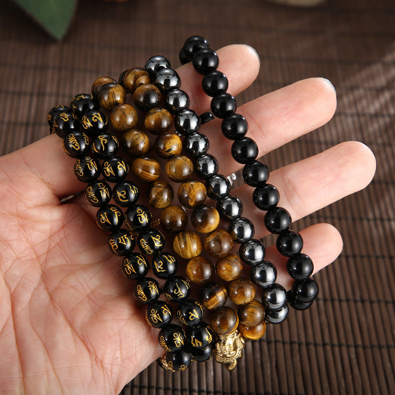 Men's Retro Black Agate and Tiger Eye Bead Bracelet with Buddha Head – Unique Gift for Him