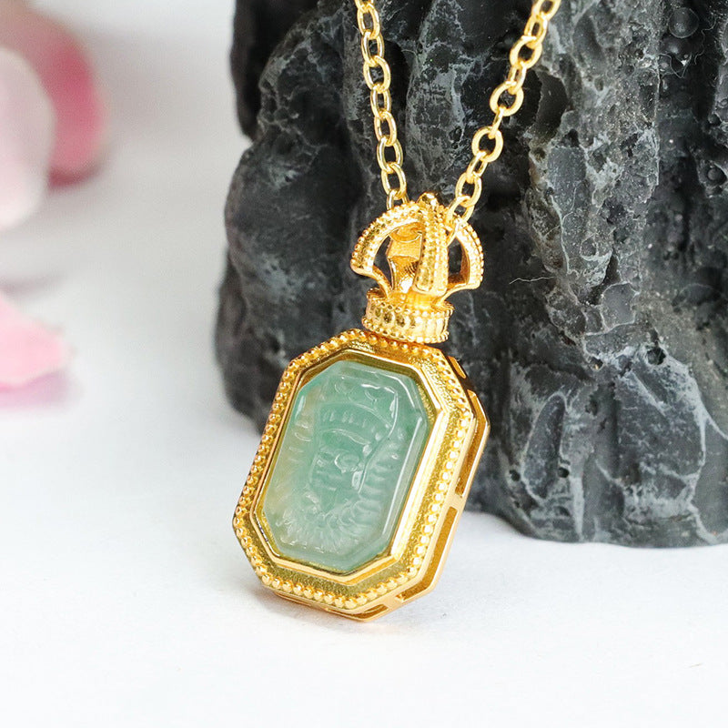 Sterling Silver Ice Blue Green Jadeite Carved Totem Rectangle Pendant Necklace