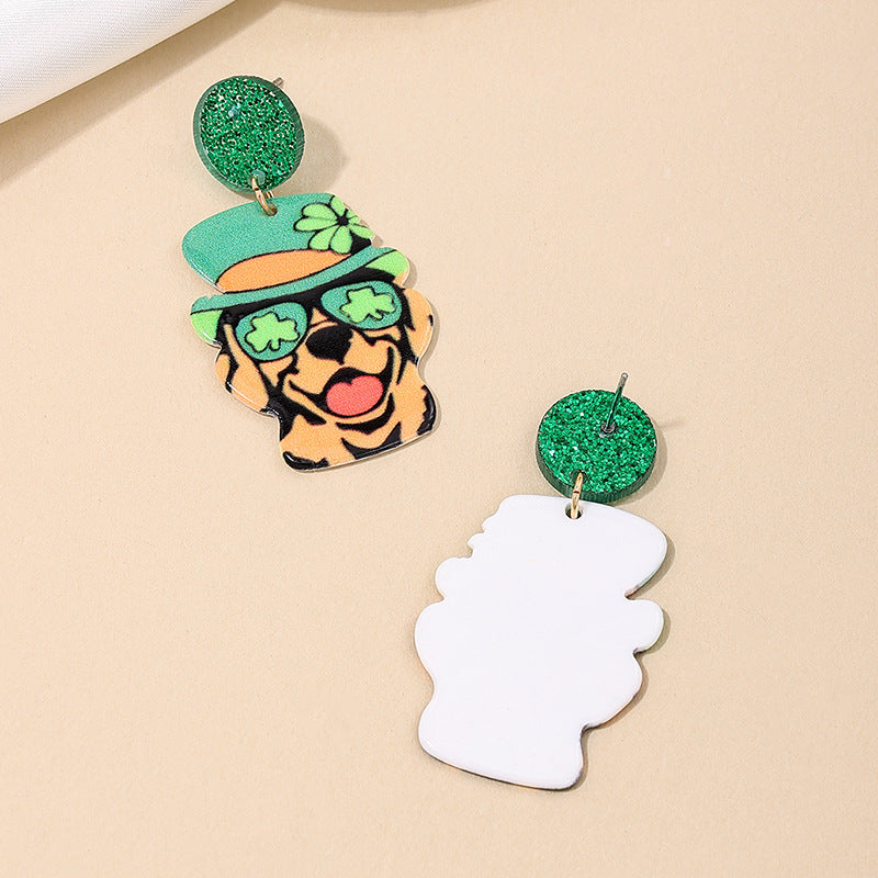 Green Hat Dog Fun Earrings for Stylish Kids and Colorful Women