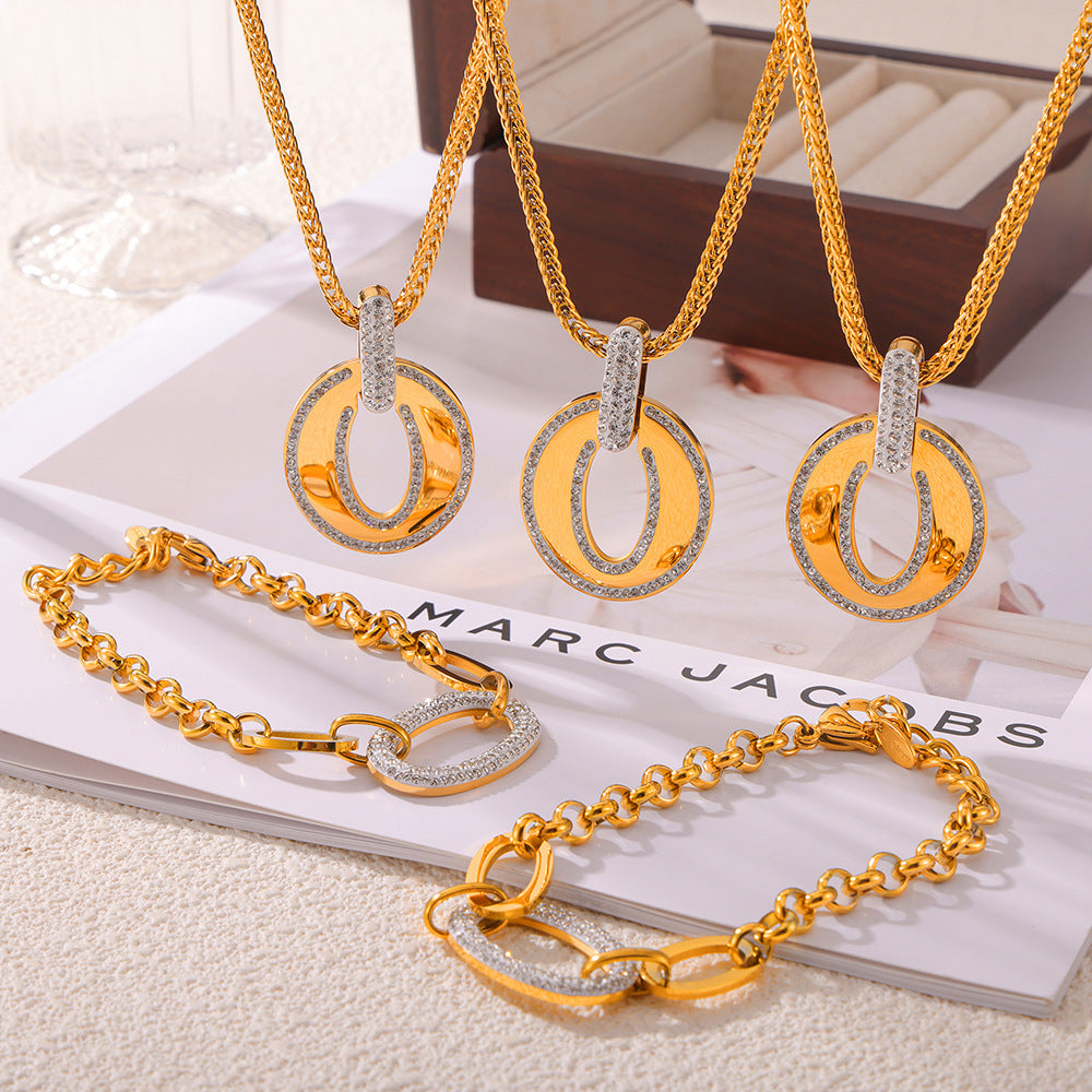 Elegant Titanium Steel Gold-plated Jewelry Set with Zircon Ring Pendant